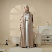 Poet Sleeve Satin Open Abaya With Matching Belt and Hijab (ABA009)